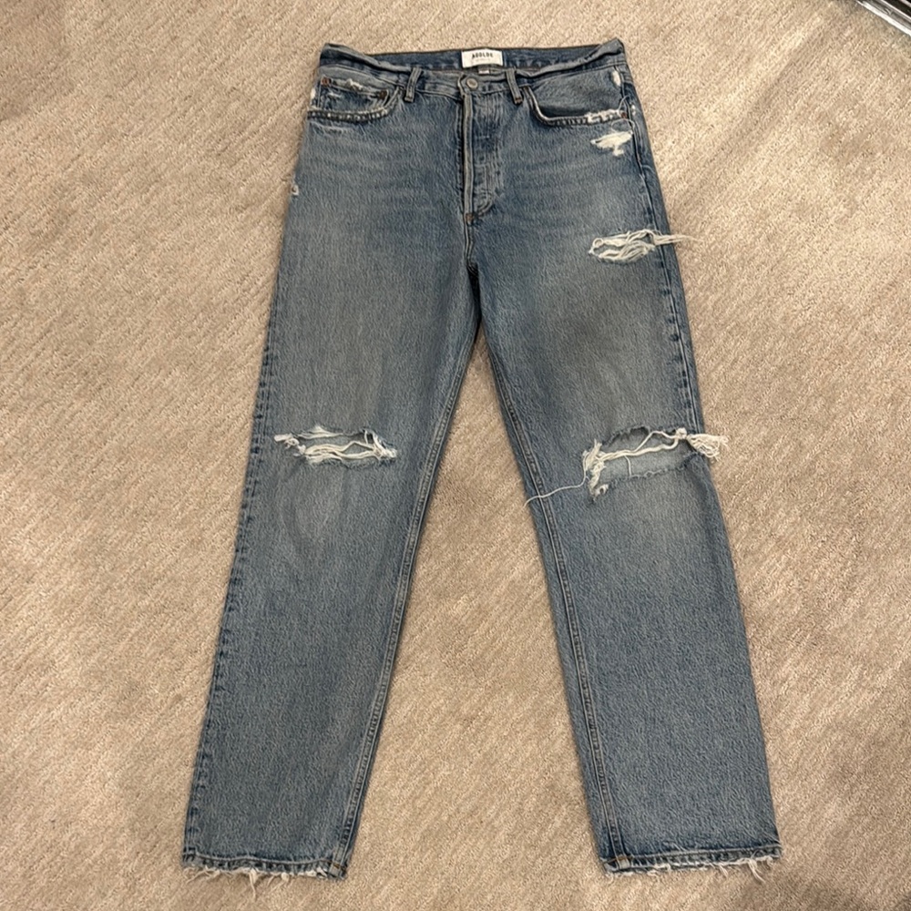 Agolde Blue Distressed Straight Leg Jeans